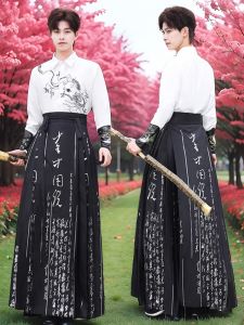 Black Hanfu Style Mens Top Bottom Set New Chinese Calligraphy Horse Tailed Skirt Daily Wear Tourist Scenery Polyester Fiber