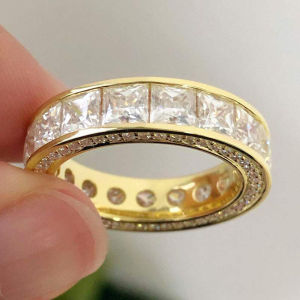 Huitan Eternity Princess CZ Promise Rings Women Engagement Wedding Gold Color Luxury Female Rings Timeless Style Classic Jewelry
