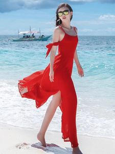 ชุดเดรสยาวผ้าชีฟองสีแดง ชุดเดรสยาวคลุมไหล่สไตล์นางฟ้า ชุดว่ายน้ำชายหาด ชุดเดรสยาว ชุดกันหนาวสีพื้น เดรสยาวคลุมไหล่