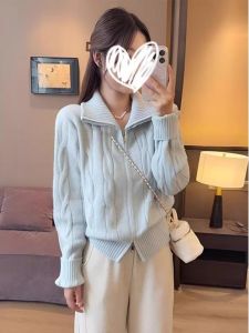 High Collar Knitted Zipper Sweater Short Style Twist Design Autumn Winter New Lazy Style Womens Fashion Top Korean Style Loose Fit