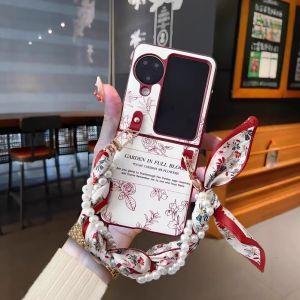 Applicable to Oppo Phone Case Oppo Protective Case Minimalist Find Sketch Camellia N2 All-Inclusive Drop-Resistant New Arrival Leather Pattern N3 Stylish Flip Scarf Pearl Bracelet Ins Style