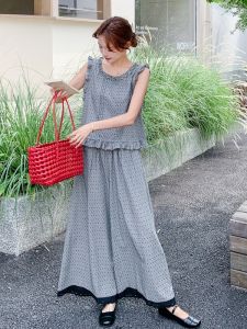 YINLUOYA | Summer Unique Polka Dot Top Wide Leg Pants Two Piece Set Beautiful Cute Fashionable Round Neck Long Sleeve Solid Color Outfit