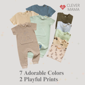CleverMama Waffle Cotton Short-Sleeves Long Jumpsuit for Babies Boys and GIrls
