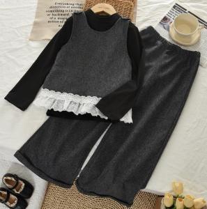 Bear Leader Spring Autumn Korean Version Grey Girls Clothes Long Sleeve Top+Lace Splicing Tank Top+Pants Fashion Three Piece Set