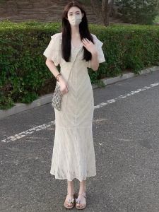 QFN | White Lace Fish Tail French Style Elegance Fitted Puff Sleeve Maxi Dress