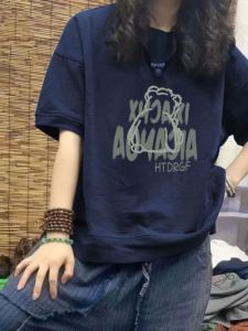 เสื้อยืดคอกลมแขนสั้นผ้าฝ้ายสีน้ำเงินอ่อนสำหรับผู้หญิง ทรงหลวม ไซส์ใหญ่ แฟชั่นฤดูร้อน เสื้อยืดคอกลมลายพิมพ์ ทรงหลวม ทรงหลวม