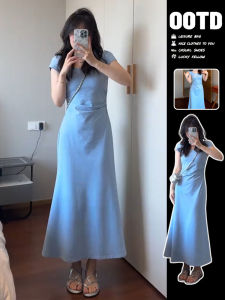 SUSIEYUAN | Blue Square Neck Tailored Waist Fish-Tail Dress