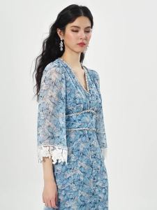 Blue French Beach Vacation Style Lace Cuff Dress