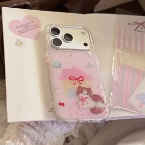 Korean Pink Cartoon Bowknot Kitten House Pattern Glitter Phone Case for iPhone 17 16 15 14 13 12 Pro Max Shockproof Soft Cover