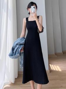 Black Long Suspenders Dress Womens Cold Texture Classy Fall and Winter Base Ride Knitting A- line Vest Dress