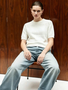AMII | Leisure Round Neck Hollowed Out Short Sleeve Knitwear Loose Short Top