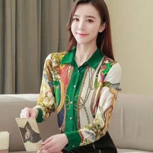 เสื้อยืดแขนยาวพิมพ์ลายโซ่แฟชั่นฤดูใบไม้ผลิและฤดูใบไม้ร่วงสำหรับผู้หญิง เสื้อเชิ้ตคอโปโลทรงตรงแบบลำลอง