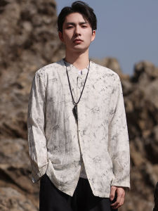 New Chinese Style Long Sleeve Shirt Tang Costume Mens Retro Stand Collar Casual Silk Texture Youth Zhongshan Suit Button Decor