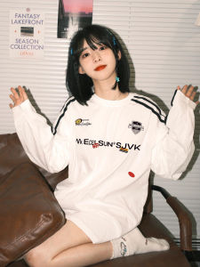 Pure Cotton Long Sleeve T-Shirt Womens Spring Autumn Loose Oversize American High Street White Top Fake Two-Piece Ensemble