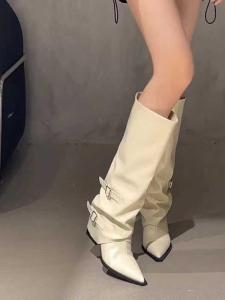 Crazy Star Group ~ White Leather High Heel Pantyhose Boots Womens Chunky Heel Pointed below the Knee Long Boots Belt Buckle High Leg Boot
