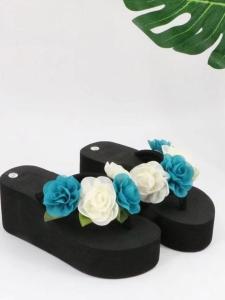 Floral Thong Slippers Womens Summer Fashion Outdoor Anti-slip Thick Bottom Beach Vacation Sandals High Heel Rubber Sole