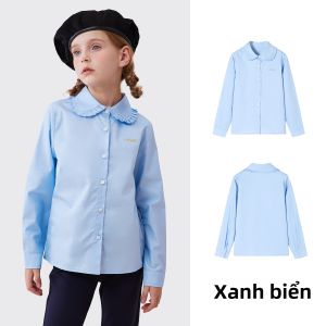 navigare kids | Áo Sơ Mi Tay Dài Cổ Nhún Phong Cách Preppy Cho Bé Gái Chất Liệu Cotton