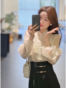 New Chinese Style Embroidered Long Sleeve Shirt Patchwork See-through Gauze Feeling Womens National Style Fashionable Versatile Slimming Top