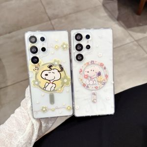 Transparent Magnetic Snoopy Samsung S24ultra Case Full Cover Cartoon Design Compatible with A55 Magsafe S25 Edge A16 Soft Shell