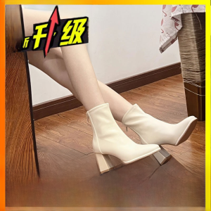 White Thick Heel Martin Boots Womens Winter Short Boots High Heel Comfortable Pure Color Pull Zipper Waterproof Platform