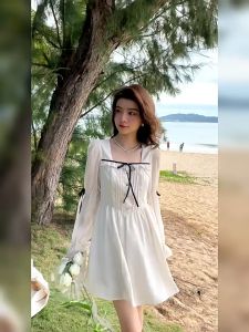 beige dress korean style challis french button down mini long sleeve dress plus size fairy semi formal dress for women