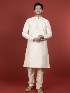 ✈️ Cream Kurta With Sequin Embellishment And Gold Chudidar-Cream ชุดเซ็ทเสื้อ+กางเกง สินค้าพร้อมส่ง