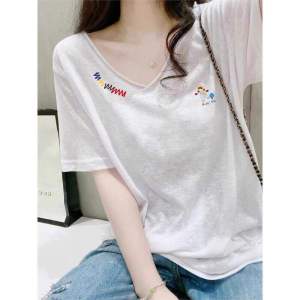 White Snow Cotton Loose V-Neck Design See-Through Short Sleeve T-Shirt