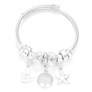 2025 New Women Trendy Tree of Life Heart Shaped Painted Pendant Beaded Bracelet Stainless Steel 4 Colors Closure Bangles Jewelry