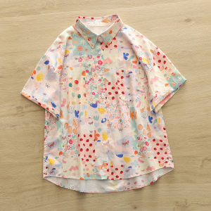 Sweet Japanese Style Short Sleeve Cotton Shirt Womens Loose Fit Summer Top Cartoon Pattern POLO Collar Button Detail