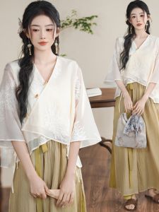 New Chinese Style Hanfu Set Womens Loose Top Pants Skirt Tea Costume Summer Embroidery Zen Inspiration Side Button Design