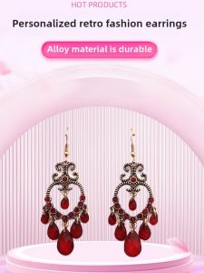 Elegant Long Red Waterdrop Earrings Vintage Style Bridal Jewelry  out ly Released Alloy Embedded Artificial Gemstones