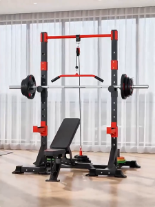 Multifunctional Power Rack Home Gym with Lat Pulldown Cable Pulley System Pull Up Bar and Bench Press Station
