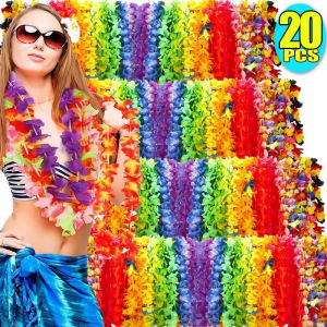 20Pcs Hawaiian Artificial Flower Wreath Necklace Hawaii Theme Party Garland Summer Beach Wedding Birthday Party Decor Supplies