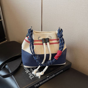 Fashionable Canvas Bucket Bag Womens Commuter Shoulder Bag Color Block Summer New Style Chic Crossbody Bag Soft Handle