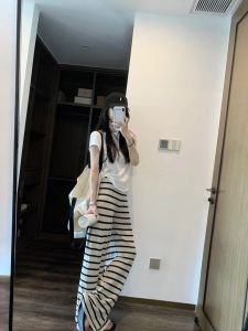 VKSOD | Casual Korean Style Womens Round Neck Short Sleeve White T-Shirt And Wide Leg Pants Striped Two-Piece Set Summer Leisure Fashion