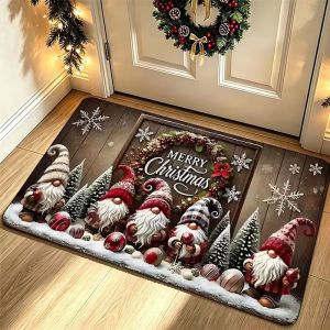 VIKAMA Merry Christmas Doormat Gnome Wreath Snowflake Tree Wood Grain Entrance Mat Front Door Non Slip 2027 Happy New Year