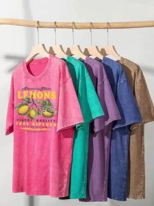 Premium Fresh Lemons Fruit Print Women Washed T-Shirts Y2K Comfortable Short Sleeve Loose All-Match T Shirt Cotton Hip Hop Top