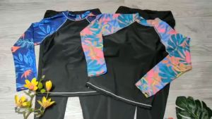 Bikini đồ bơi nữ đi biển 2 mảnh áo thun phủ bụng dài tay kèm mút mỏng quần dài phối màu chất liệu thun lạnh BINSPORTS BHV229