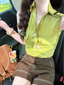 YUEZHONGWEI | Slim Fit Polo Neck Green Sleeveless Shirt Womens Summer Design Unique Style Commute Fashion Korean Version Button Detail