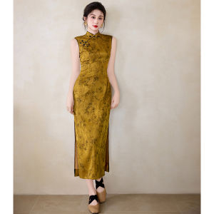 New Chinese Style Yellow Qipao Elegance and Grace Daily Show Performance