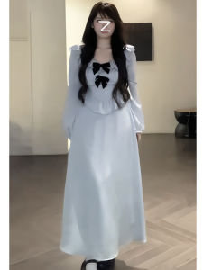 plus Size Womens Gentle Style Square Collar Pleated Hem Butterfly Knot Long Dress Spring Slimming Age-Defying A-Line Skirt