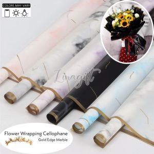 (5 Lembar) GOLD EDGE MARBLE - FLOWER WRAPPING PAPER PLASTIC CELLOPHANE KERTAS BUNGA BUKET FLORIST