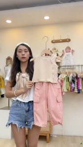 Sunday Kids Summer Girls Outfit: Elastic Vest Top & Pink Fashionable Overall Pants