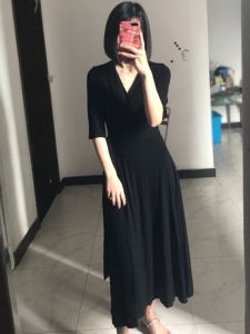 French Elegant Black V-neck Seven-quarter Sleeve Long Dress Wrap-around Belted Cardigan Waist-cinching Holiday Dress