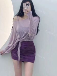 เซ็กซี่ เผ็ด เด็กผู้หญิง หลวม แขนยาว โปร่งแสง เสื้อผ้าป้องกันแสงแดด ดีไซน์ Sense Tie Binding เซ็กซี่ เสื้อยืด Pure Color Commute Lady