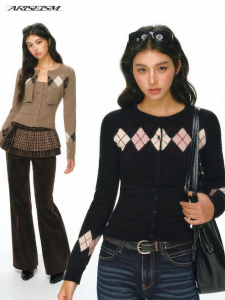 Ariseism | Áo Sweater Hai Mảnh Họa Tiết Kim Cương Thiết Kế Mỹ Vintage