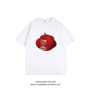 Retro American Fun Red Apple Print Pure Cotton Versatile T-Shirt Summer 2025 Korean Style Loose Fit Creative Pattern Short Sleeve round Neck
