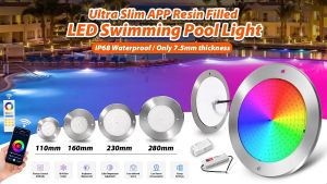 【Buy 5 RGB Free Controller】NexPool 304 Hole Free Underwater Light Ultra Thin Swimming Pool Lamp Stainless Steel Wall Mounted Swimming Pool Light Waterproof Ip68 18W/35W Wall Mounted Lamp RGB DC12V Phone Tuya WIFI Controller Music IP68 Pipe Piscina Lamp