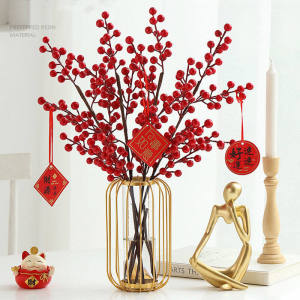 5Pcs 2024 New Year Lucky Money Tree Artificial Red Berry Branches Spring Festival Wedding Home Decoration DIY Christmas Tree Ornament