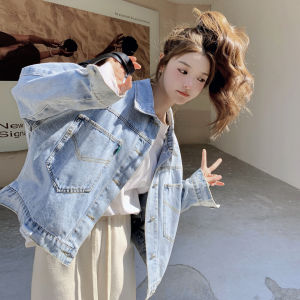 Blue Vintage Distressed Denim Jacket Womens Loose Fit Style Korean Loose Feeling Top for Small Figures Autumn New Arrival